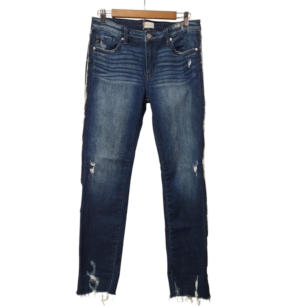 KanCan High Rise Skinny Jeans Two Tone Side Stripe Raw Hem Distressed Size 9/28